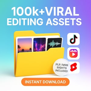 10万点以上のバイラル編集アセットバンドル（Reels、TikTok、YouTube用）| PLR MRRアセット、Bロール、編集ツール、バイラルサウンド、美しい動画オーバーレイ