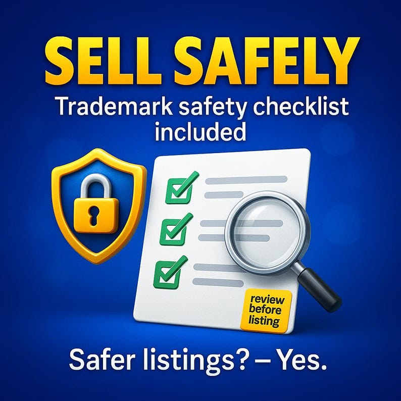 Pode incluir: Ilustra&ccedil;&atilde;o com o texto "SELL SAFELY" em amarelo. Um escudo dourado com um cadeado, uma lista de verifica&ccedil;&atilde;o com marcas de sele&ccedil;&atilde;o verdes e uma lupa tamb&eacute;m s&atilde;o mostrados. O texto "Trademark safety checklist included" est&aacute; presente.