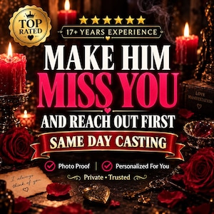 Peut inclure: Un graphique sombre et romantique avec des bougies rouges, des roses et une clé dorée. Le texte indique : TOP RATED, 17+ YEARS EXPERIENCE, MAKE HIM MISS YOU AND REACH OUT FIRST, SAME DAY CASTING, Photo Proof, Personalized For You, Private, Trusted.