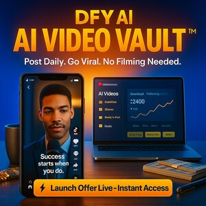May include: A promotional image for "DFY AI AI VIDEO VAULT". The image features a smartphone displaying a video of a man speaking into a microphone, a laptop showing video analytics, and a stack of cash. Text includes "Post Daily. Go Viral. No Filming Needed."