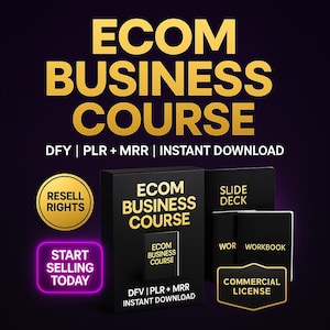 Puede incluir: Imagen promocional para un curso de negocios de comercio electrónico. El texto "ECOM BUSINESS COURSE" está en dorado, con texto de apoyo debajo. La imagen incluye un conjunto de cajas negras con el título del curso, una presentación de diapositivas y un cuaderno de trabajo. El texto adicional incluye "Resell Rights" y "Start Selling Today".