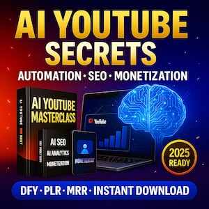 Puede incluir: Un gráfico promocional con el texto "AI YOUTUBE SECRETS" en dorado. Incluye un portátil que muestra YouTube, un smartphone y dos portadas de libros. La imagen promueve la automatización, el SEO y la monetización, con el texto "2025 READY".