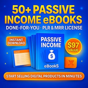 50+ Passive Income eBook Bundle with MRR – DFY Digital Products, Resell Rights, PLR eBooks, Canva Templates, Sell on Etsy, Gumroad, Shopify