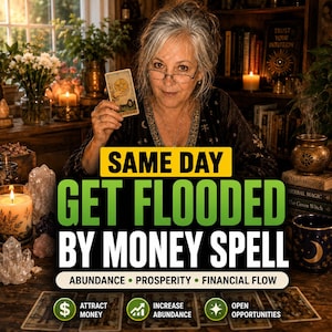 May include: A person holding a tarot card featuring a gold coin, with text overlay reading: SAME DAY GET FLOODED BY MONEY SPELL, ABUNDANCE PROSPERITY FINANCIAL FLOW, ATTRACT MONEY, INCREASE ABUNDANCE, OPEN OPPORTUNITIES, and TRUST YOUR INTUITION.