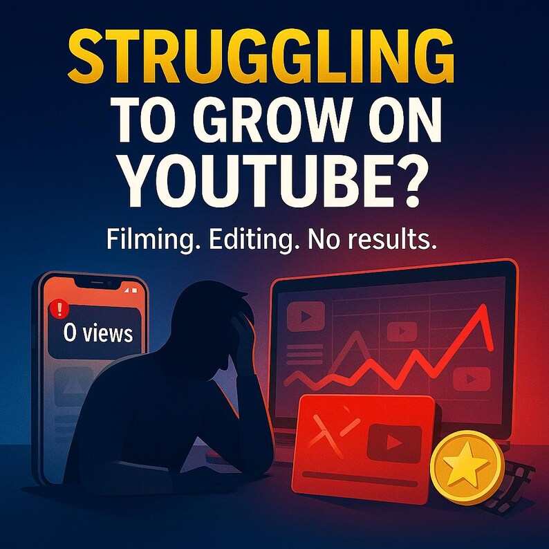 May include: An illustration with the text "STRUGGLING TO GROW ON YOUTUBE?" A person is silhouetted, looking at a phone with "0 views". A laptop displays a graph, and a red card with a YouTube logo is present. A gold coin with a star is also visible.