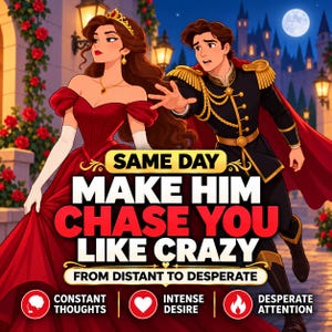 May include: An illustration of a woman in a red gown and a man in a black military-style uniform with gold accents. Text reads: SAME DAY MAKE HIM CHASE YOU LIKE CRAZY FROM DISTANT TO DESPERATE, CONSTANT THOUGHTS, INTENSE DESIRE, DESPERATE ATTENTION.