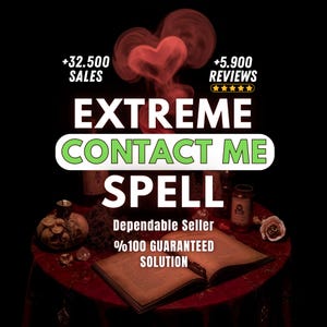 Può includere: Annuncio pubblicitario per un incantesimo di contatto estremo. L'immagine presenta un tavolo rosso con un libro aperto, candele e una rosa. Il testo include "Extreme Contact Me Spell", "Dependable Seller" e "100% Guaranteed Solution". Una nuvola a forma di cuore è sullo sfondo.