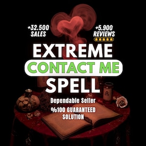 May include: An advertisement for an extreme contact spell. The image features a red table with an open book, candles, and a rose. Text includes "+32.500 SALES", "+5.900 REVIEWS", and "EXTREME CONTACT ME SPELL".