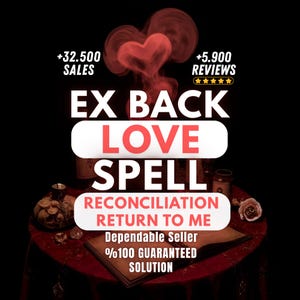 Op de afbeelding: Een advertentie voor een liefdesspreukservice. De afbeelding bevat de tekst "EX BACK LOVE SPELL" in grote letters, met extra tekst die verkopen, beoordelingen en een garantie aangeeft. Een rood hartvormig ontwerp staat op de achtergrond.
