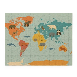 Weltkarten-Puzzle für Kinder - 70+ Teile - Lernspielzeug für Kinder, Kontinente und Tiere