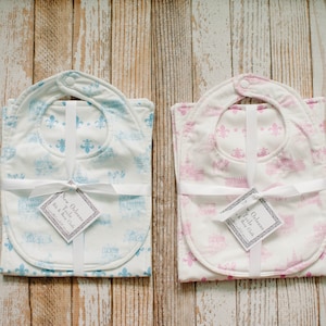 New Orleans Toile Reversible Bib or Bib and Burp Cloth in Pink or Blue
