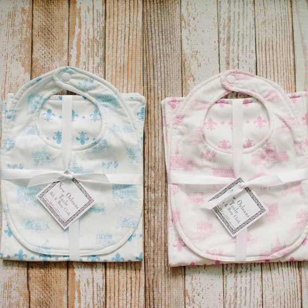 New Orleans Toile Reversible Bib or Bib and Burp Cloth in Pink or Blue
