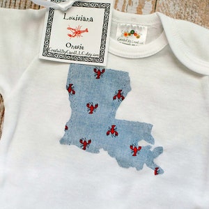 Louisiana Crawfish on Chambray Onesie Gown, Knit Bib, Knit Blanket or Cotton Reversible Bib