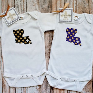 Fleur de Louisiana Onesie, Infant Gown, Bib, Cap or Blanket in Purple and Gold OR Black and Gold