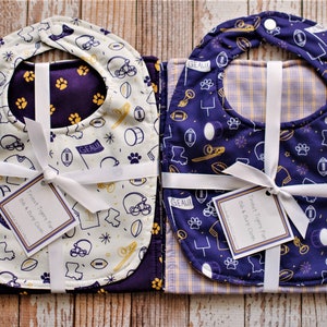 Purple and Gold Tiniest Tigers Fan Reversible Bib or Bib and Burp Cloth Set
