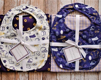 Purple and Gold Tiniest Tigers Fan Reversible Bib or Bib and Burp Cloth Set