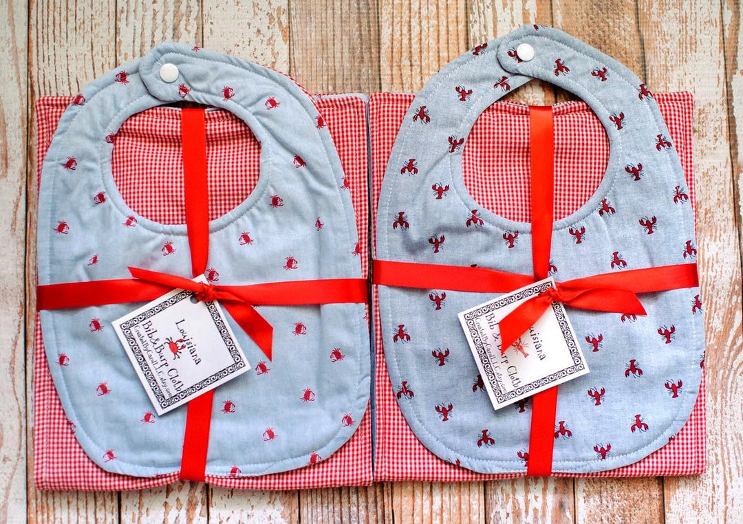Louisiana Crab or Crawfish on Blue Reversible Bib OR Bib and Burp Cloth