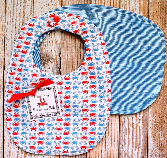Red White and Blue Mini Crabs Reversible Bib OR Bib and Burp Cloth Set