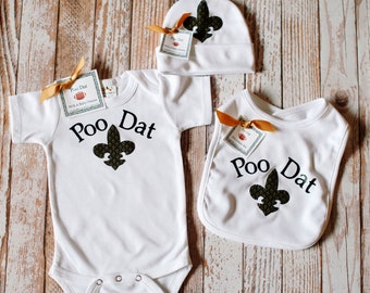 Poo Dat Bodysuit,, Gown, Knit Bib, Knit Blanket or Newborn Cap