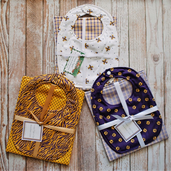 Choose from 3 Different Purple and Gold Reversible Bibs or Bib and Burp Cloth Sets