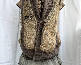 Débardeur vintage en tricot avec fausse fourrure de l'an 2000, femme XL