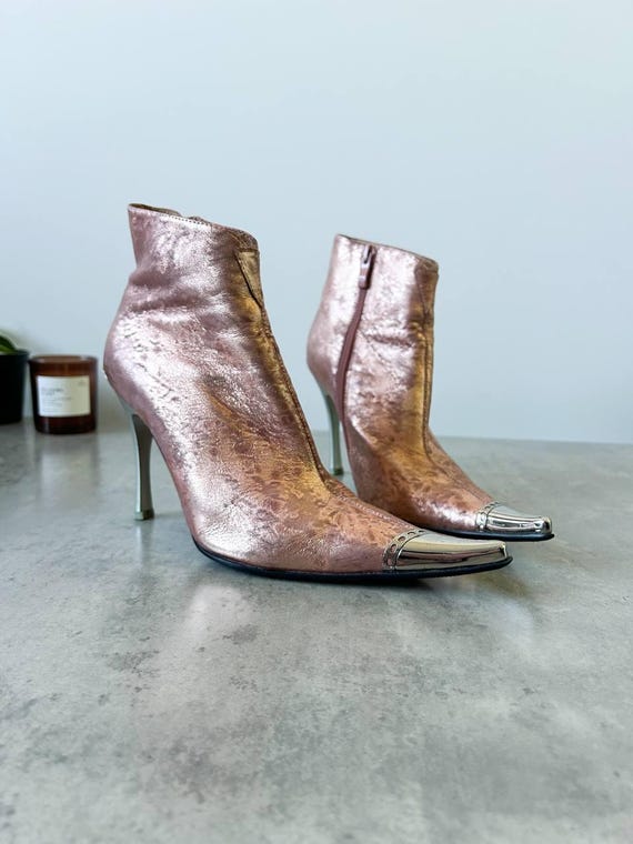 Metallic Pink Bronze Ankle Boots, Square Toe Heels, Y2K Style, US 5.5