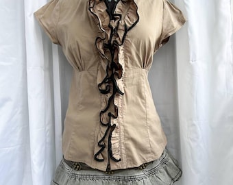 Chemisier vintage à volants de l'an 2000, boutonné en coton marron, convient à une taille S