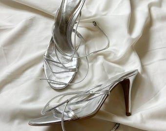 Vintage Sergio Rossi Silver Leather Heels, Italian Luxury Shoes, US 11.5 / EU 41