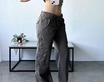 パンツ 00s wide 2-tuck pinstripe black slacks Y2K Deadstock Pinstripe Wide Leg Low Waist Pants - 2000s
