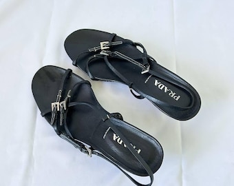 Prada Black Leather Kitten Heels, Slingback Sandals, Made in Italy, Vintage (EU 39)