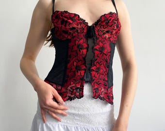 Vintage Floral Lace Corset, Red & Black Bustier (Size 75B)