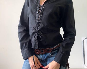 Vintage black lace-up cotton blouse , shirt , y2k, gothic