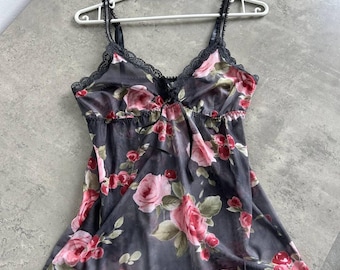 Top in maglia floreale vintage, finiture in pizzo, coquette anni '00
