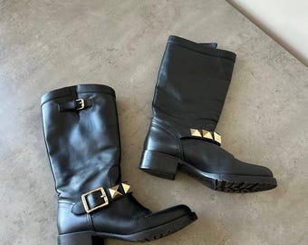 Valentino Rockstud Moto Biker Leather Unkle Boots, size 37, US 6.5