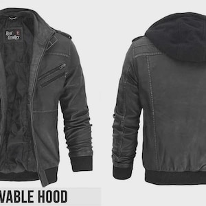 Mens Biker Real Leather Hooded Bomber Motorcycle Black Distress Leather Jacket