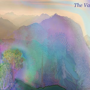 May include: A digital painting of a mountain range with a blue, green, and purple color scheme. The mountains are textured and have a hazy, dreamlike quality. The text "The Valley of Search" is in the upper right corner of the image.