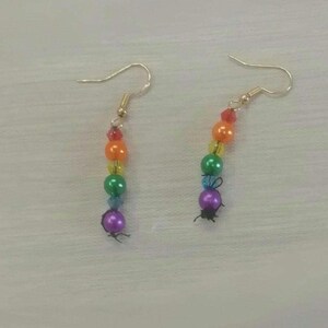 May include: A pair of colorful beaded earrings. Each earring features a gold-colored hook and a vertical strand of rainbow-colored beads, including red, orange, yellow, green, and purple. The beads are round and have a glossy finish.