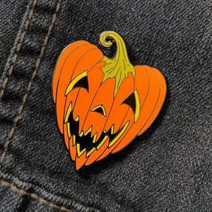Orange Heart Shaped Jack-O-Lantern Hard Enamel Pin - 1.5&quot;