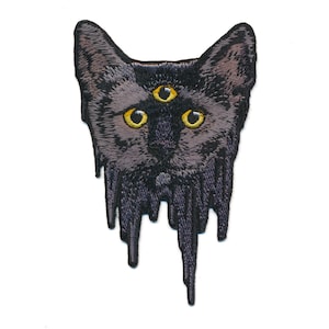 May include: Black cat with three yellow eyes, dripping with black liquid. The cat's eyes are outlined in gold. The cat's fur is a dark gray color. The cat's face is in the center of the image. The cat's body is dripping with black liquid. The background is white.