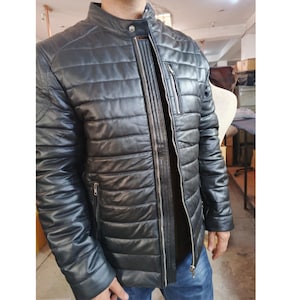 Puffer Leather Jacket for Men, Down Jacket, Lambskin Jacket, Perfect for Casual & Outdoor Wear, Lightweight.