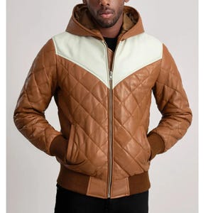 Men&#39;s  Puffer Jacket Genuine Leather Lambskin Quilted Down Puffer Hooded Jacket.