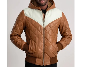 Men’s Lambskin Leather Puffer Jacket – Quilted Goose Down Hooded Winter Coat