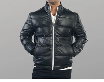 Men’s Black Leather Puffer Jacket – Real Lambskin Bubble Coat for Winter