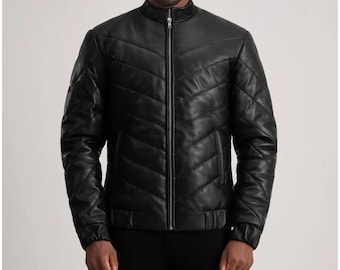 Black Sheepskin Leather Puffer Jacket - Men's Winter Coat