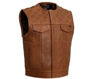 Chaleco de cuero vacuno para motociclista para hombre – Estilo motero marrón whisky