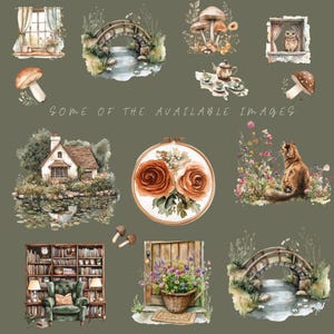 May include: Watercolor illustrations of various scenes, including a cottage by a pond, a bridge over a stream, mushrooms, and an owl in a window. The text "SOME OF THE AVAILABLE IMAGES" is also present. The images are in a soft, muted color palette.