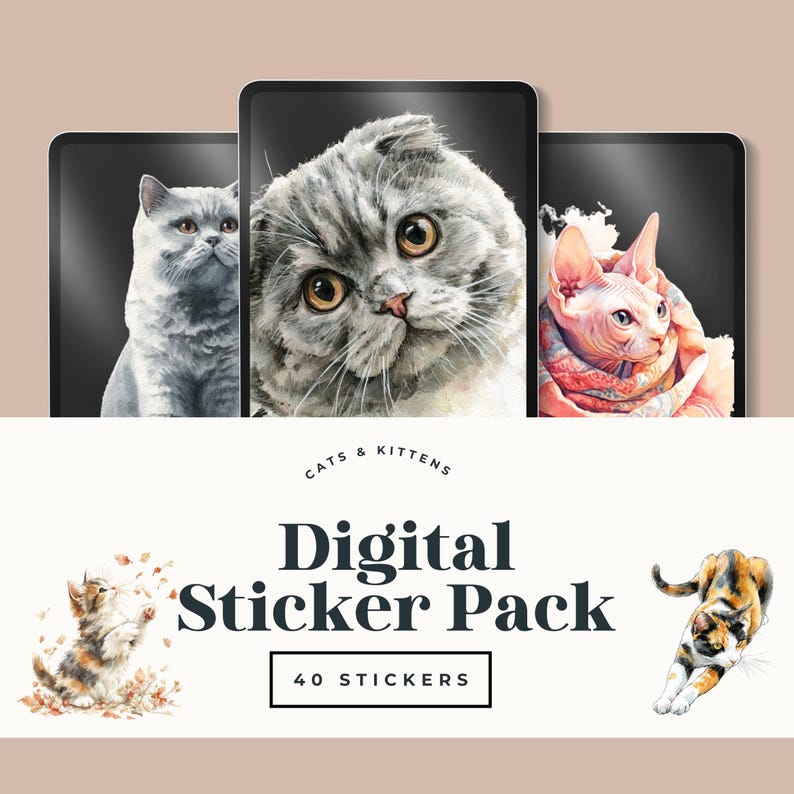 Watercolor Cat Breed Stickers: Kitten Digital Planner Art (PNG) 40 ...