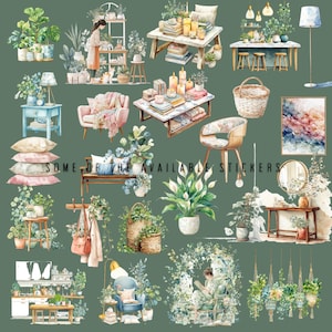 Puede incluir: Ilustraciones en acuarela de decoración del hogar y plantas sobre un fondo verde. La imagen incluye muebles, como mesas, sillas y un banco, decorados con libros, velas y cojines. El texto "SOME OF THE AVAILABLE STICKERS" también es visible.