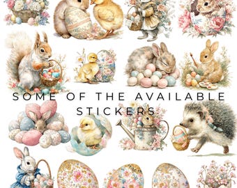 May include: A collection of watercolor stickers featuring Easter-themed designs. The stickers include bunnies, chicks, eggs, and floral arrangements. The text "SOME OF THE AVAILABLE STICKERS" is displayed in the image.