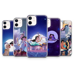 May include: A collection of phone cases featuring illustrations from the Disney movie Aladdin. The cases showcase scenes with Aladdin, Jasmine, and the Genie against a backdrop of a starry night and a magic carpet ride.